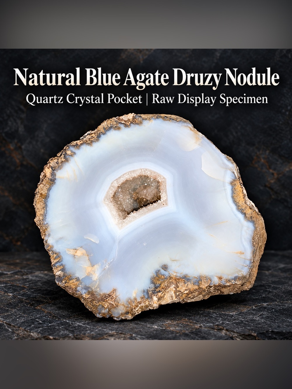Natural Blue Agate Druzy Nodule | Quartz Crystal Pocket | Raw Display Specimen
